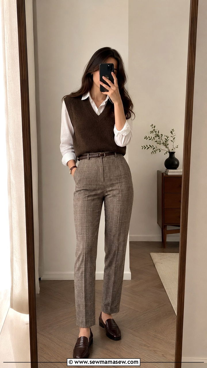 Dark Academia Sweater Vest with Plaid Trousers - 30 dark academia outfits for women