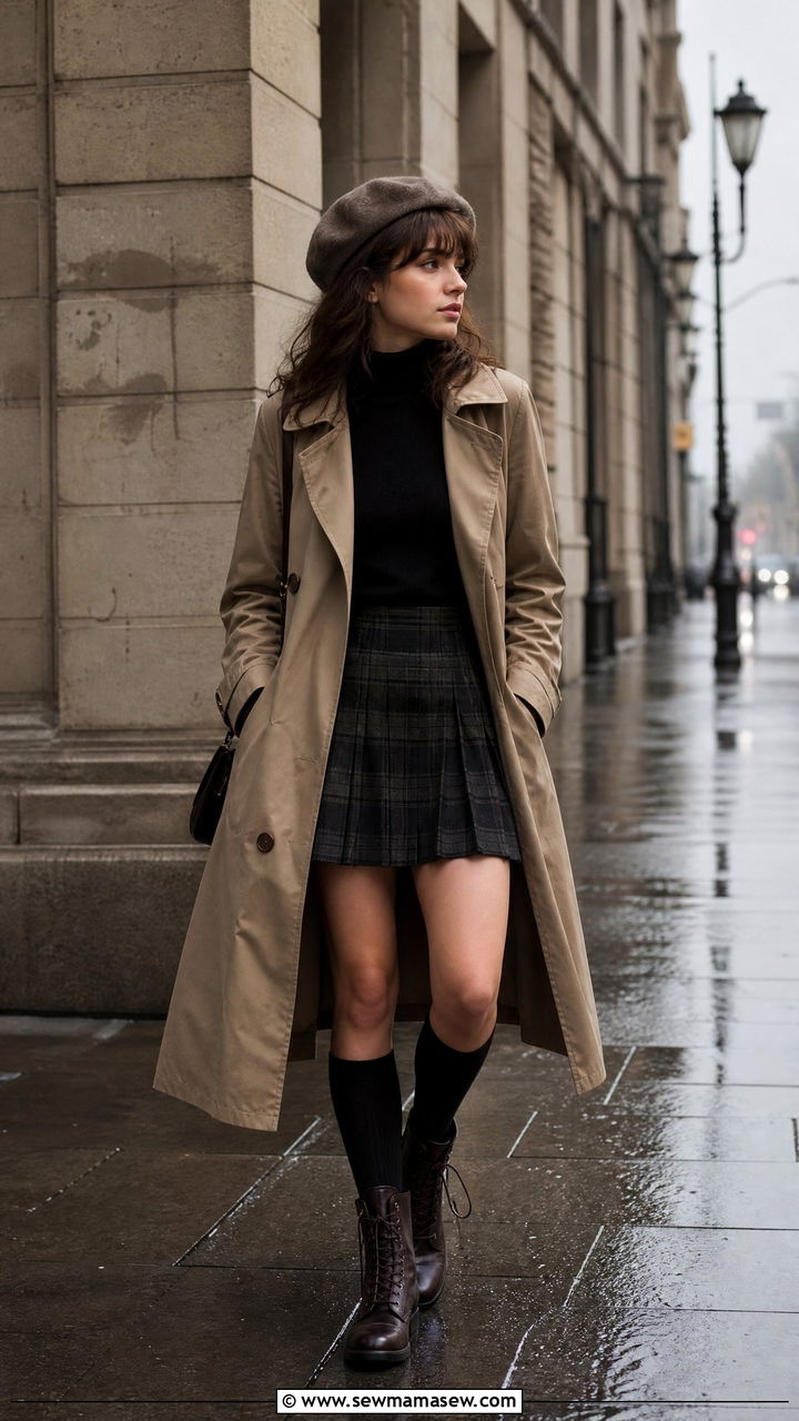 Dark Academia Trench Coat and Pleated Mini Skirt Outfit - 25 casual dark academia outfits
