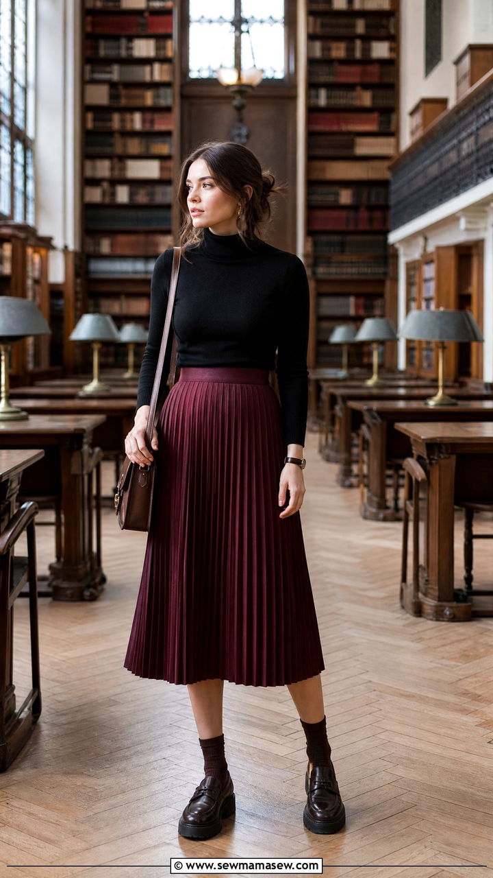 Dark Academia Turtleneck with Pleated Midi Skirt and Loafers - 30 College outfit ideas cute 2026