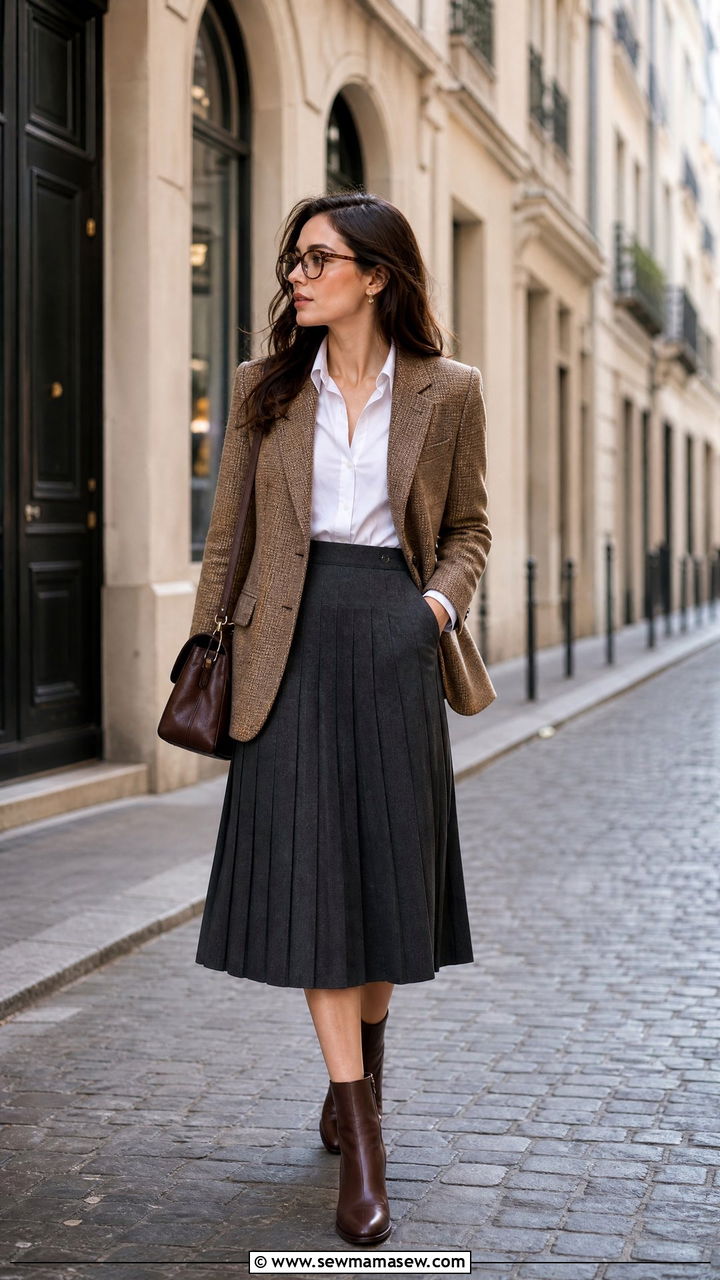 Dark Academia Tweed Blazer and Pleated Skirt Outfit - 25 casual dark academia outfits
