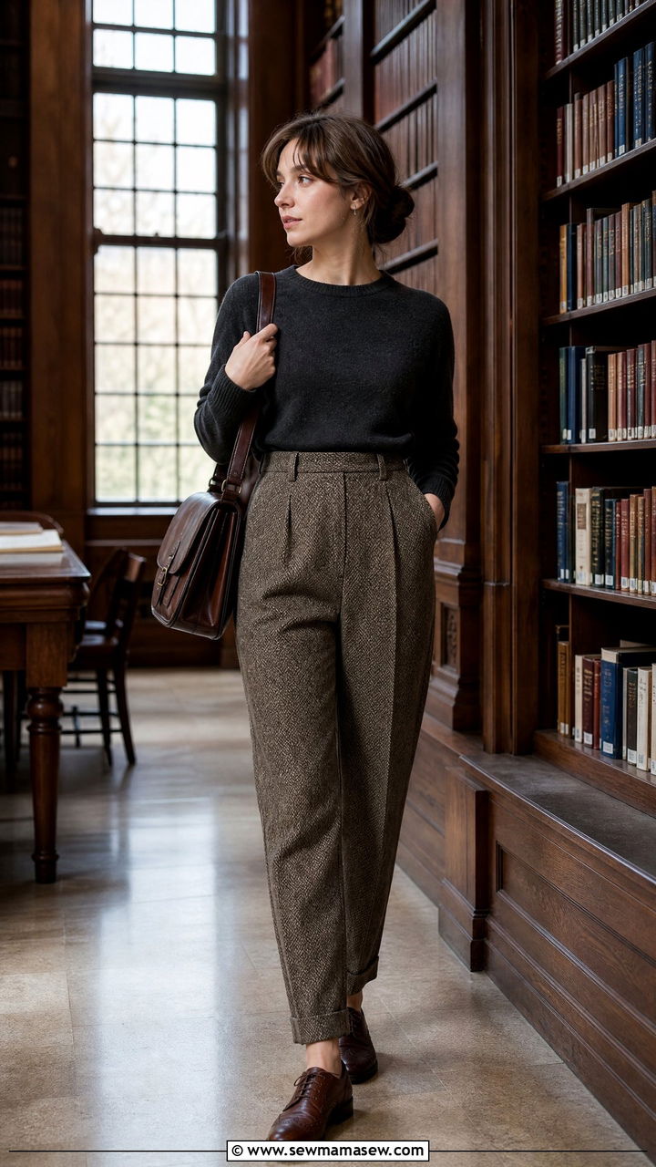 Dark Academia Tweed Trousers and Fine Knit Sweater Outfit - 25 casual dark academia outfits