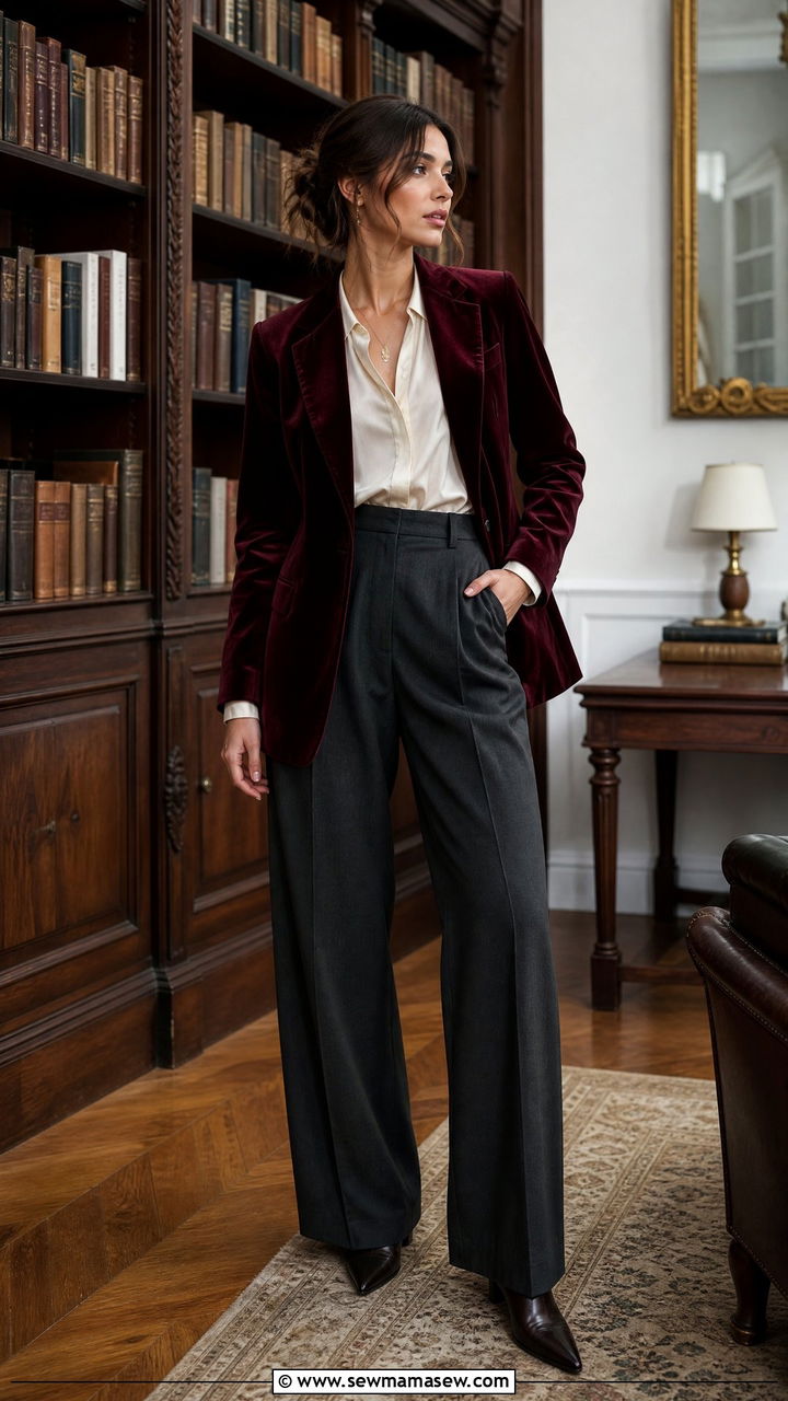 Dark Academia Velvet Blazer With Wide Leg Trousers Outfit - 25 casual dark academia outfits