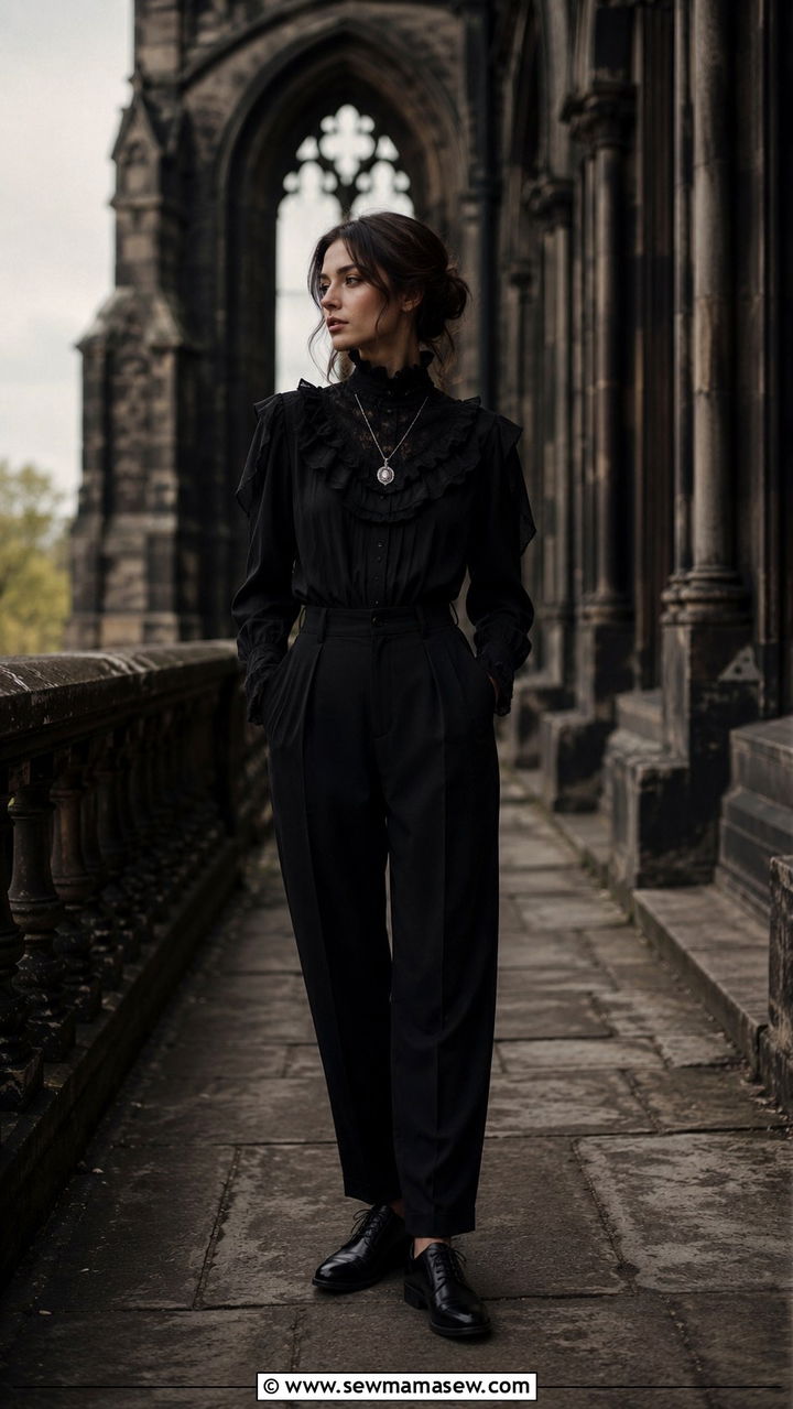 Dark Academia Victorian Blouse and High Waisted Pants - 30 dark academia outfits for women