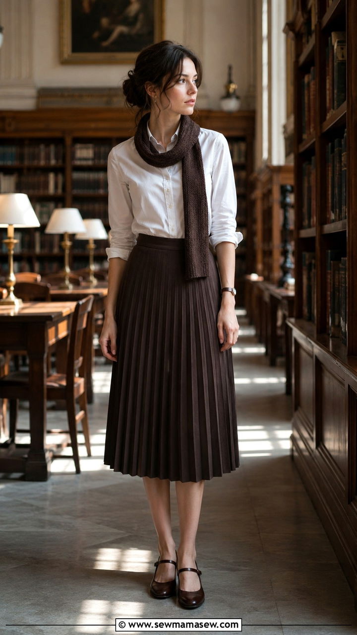 Dark Academia White Button Up and Brown Midi Skirt - 30 dark academia outfits for women