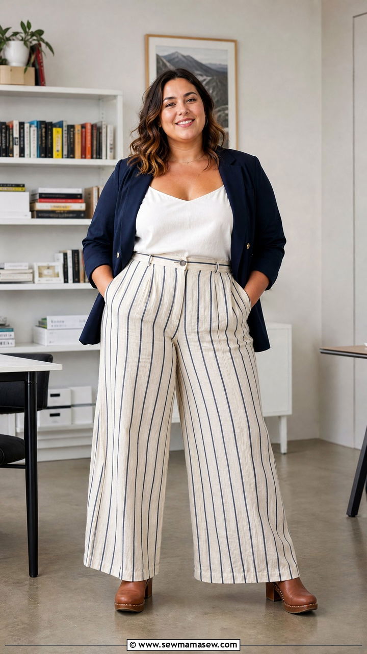 Dark Blazer and Striped Linen Pants - 25 Linen pants outfit ideas plus size