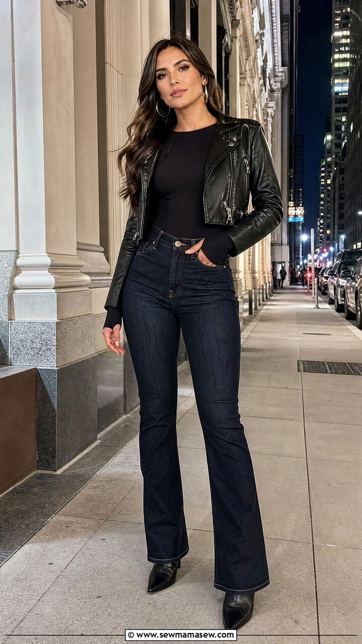 Dark Bootcut Jeans with Bodysuit - 25 Outfit ideas to flatter thighs