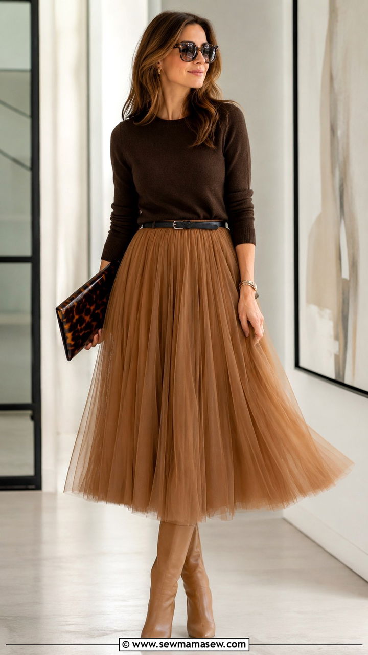 Dark Brown Fine Knit Sweater With Caramel Tulle Skirt - 20 Tulle skirt outfit ideas with a sweater