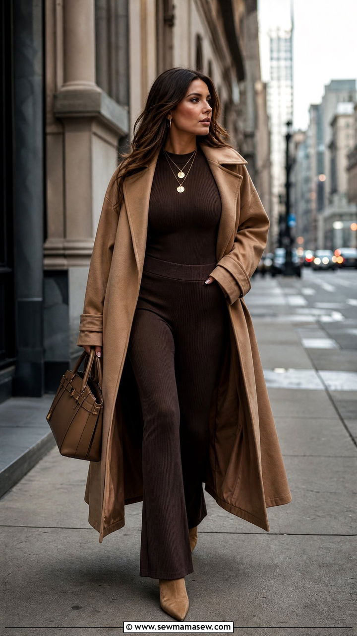 Dark Brown Ribbed Bodysuit And Flared Legging Set - 40 matching set outfit ideas for women