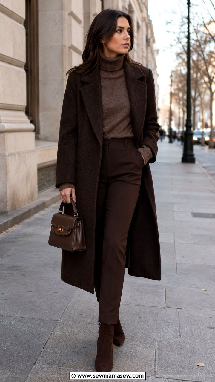 Dark Brown Wool Coat With Slim Trousers And Heeled Boots - 30 Monochromatic brown outfits
