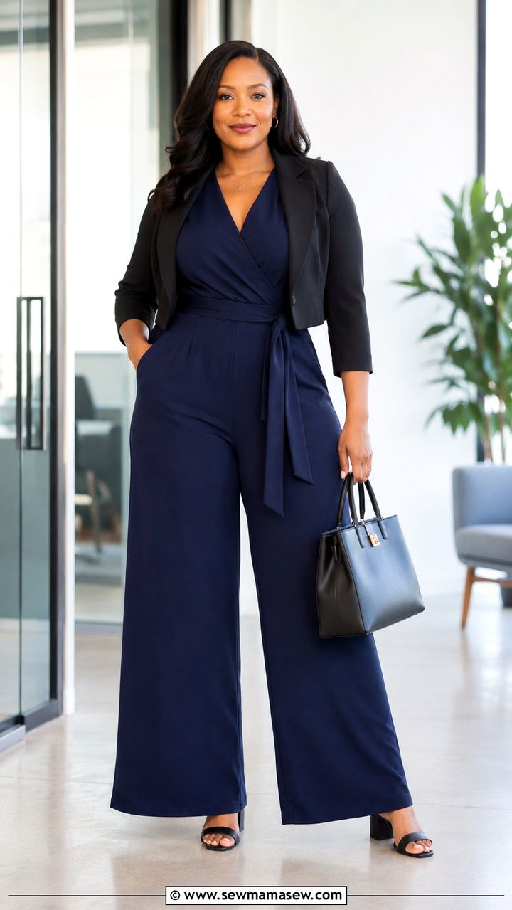 Dark Colored Jumpsuit with Defined Waist - 20 work outfits for women with wide hips