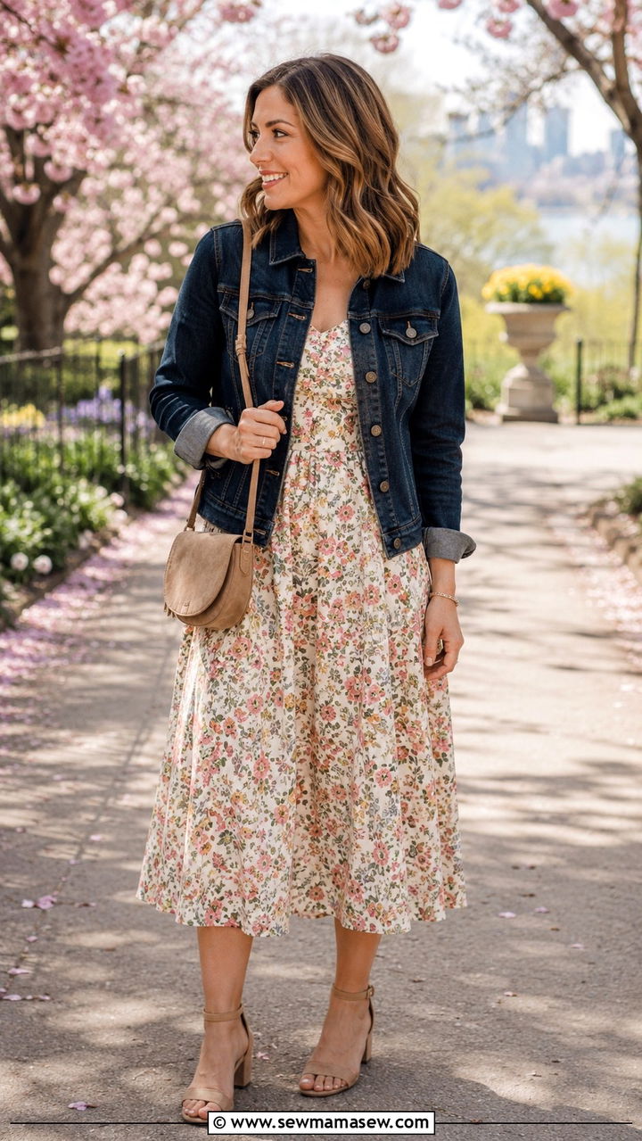 Dark Denim Jacket Over A Floral Midi Dress - 30 outfit ideas for apple shaped body