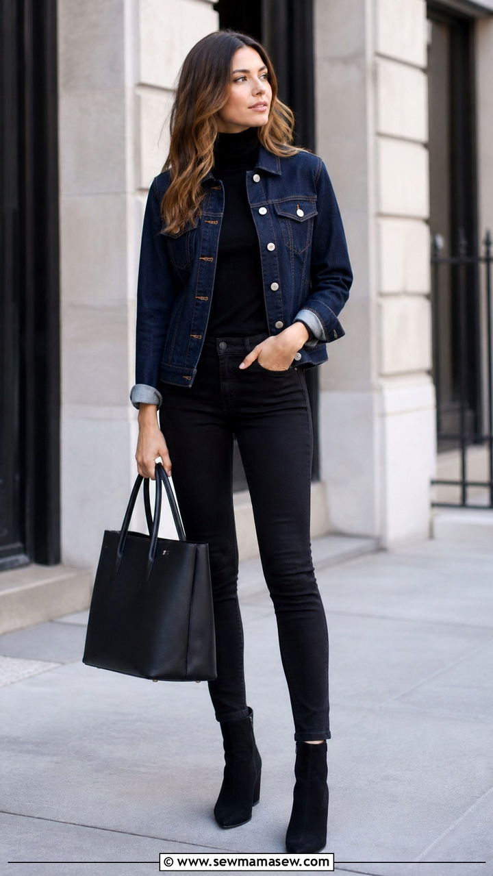 Dark Denim Jacket With Black Skinny Jeans And Ankle Boots - 40 denim jacket outfit ideas