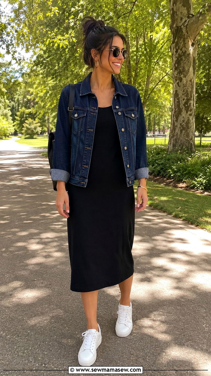 Dark Denim Jacket and Black Midi Dress - 30 minimalist outfit ideas for women