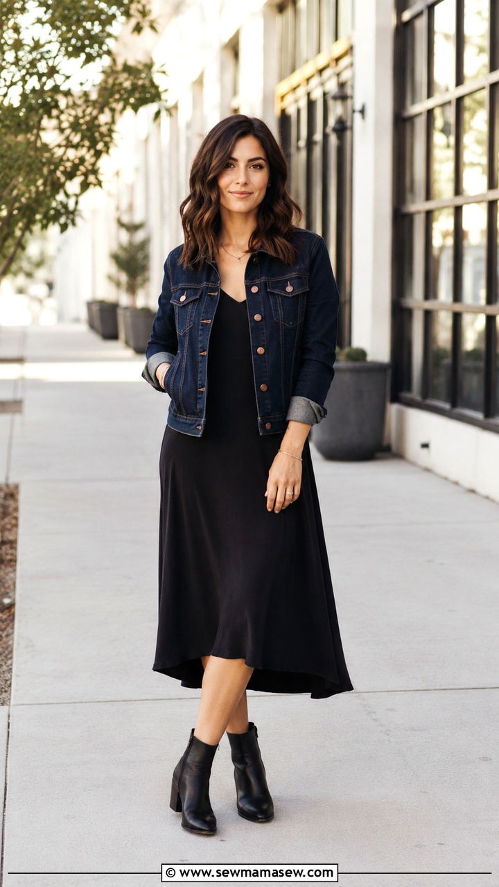Dark Denim Jacket over Black Midi Dress - 30 LinkedIn photo outfit ideas