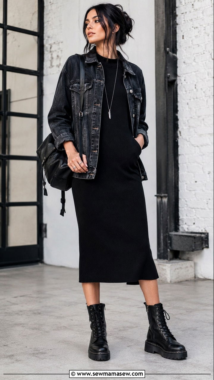 Dark Denim Jacket with Black Midi Dress Outfit - 30 Retail work outfit ideas