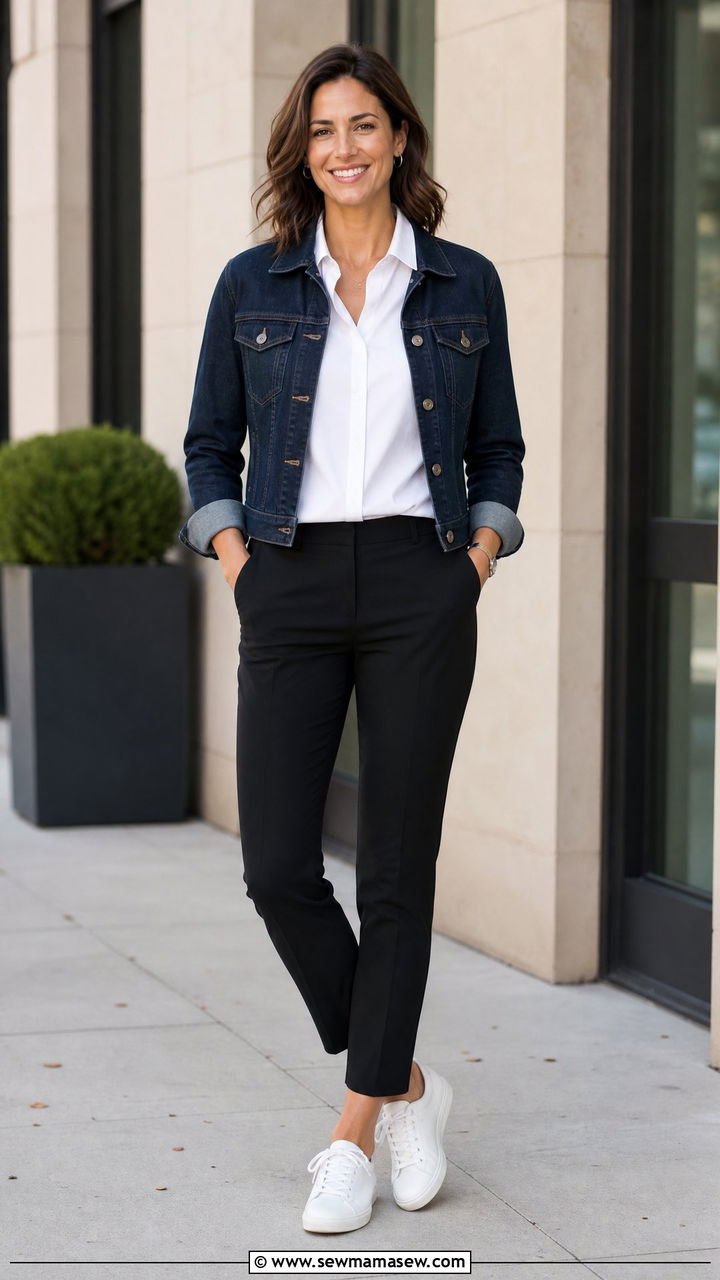 Dark Denim Jacket with White Dress Shirt - 30 Professional headshot outfit ideas for women