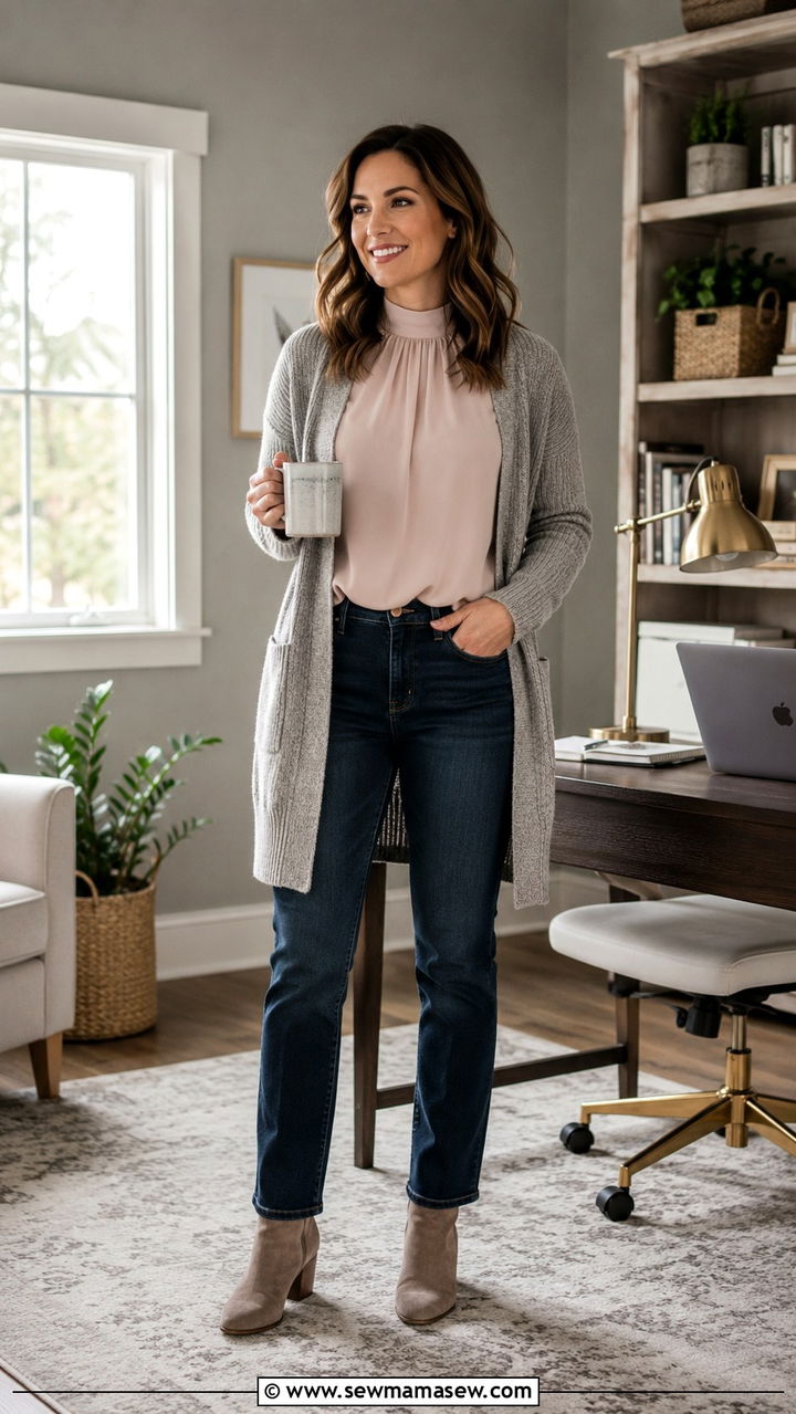 Dark Denim Jeans with High Neck Blouse and Long Cardigan - 30 Modest outfit ideas for working mom