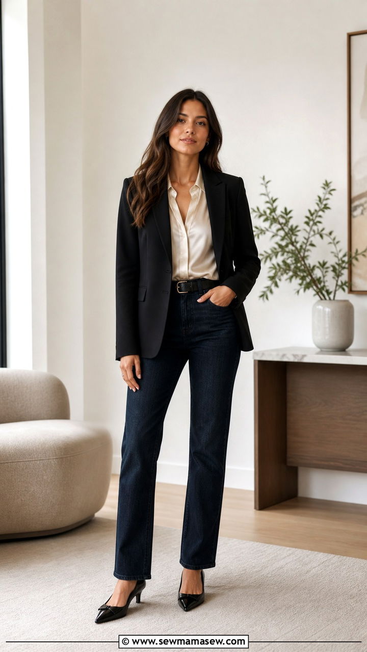 Dark Denim Jeans with Structured Blazer Office Outfit - 40 Classy work outfit ideas