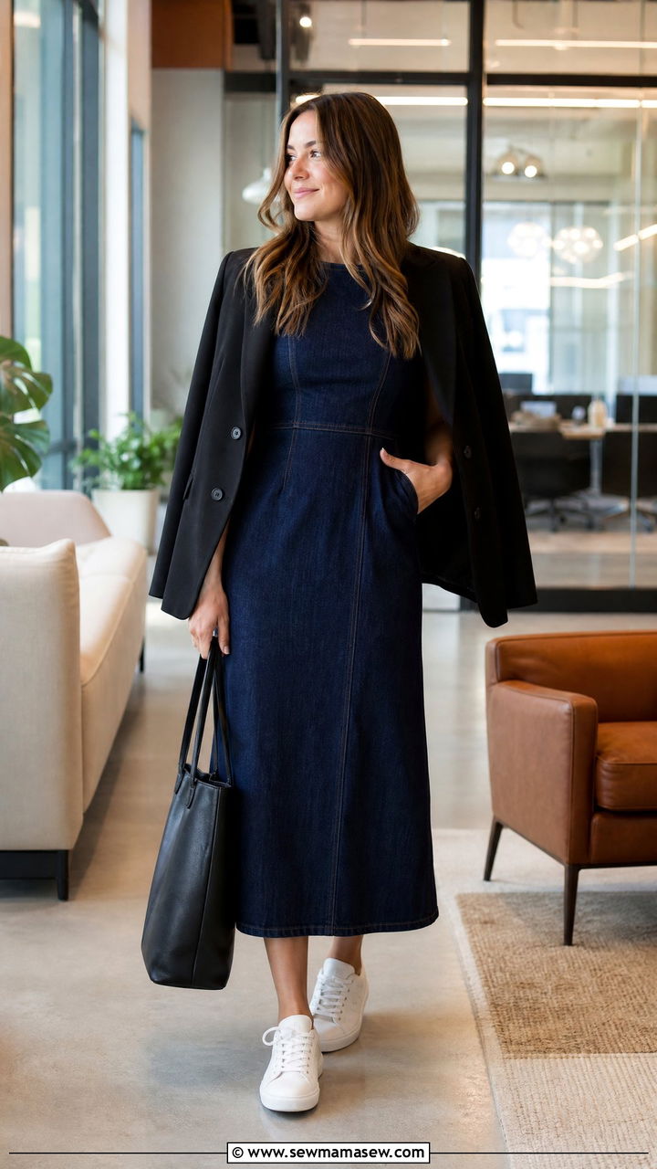 Dark Denim Midi Dress With White Sneakers And A Tailored Blazer - 35 Modern office outfit ideas