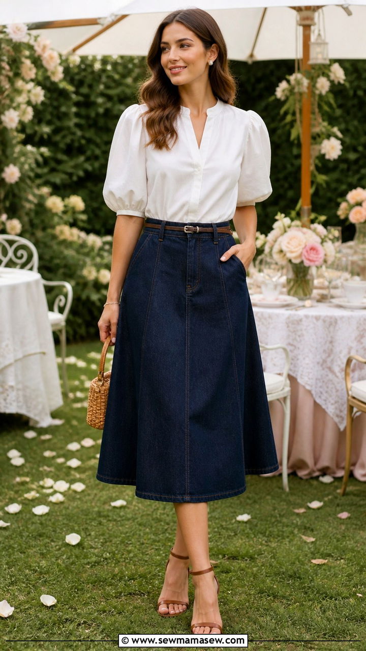Dark Denim Midi Skirt With Puff Sleeve Top - 40 casual denim skirt outfits