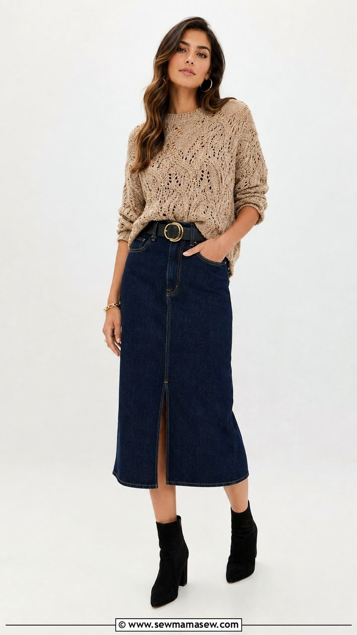 Dark Denim Midi Skirt With Statement Knit And Ankle Boots Outfit - 30 casual glamoratti outfits