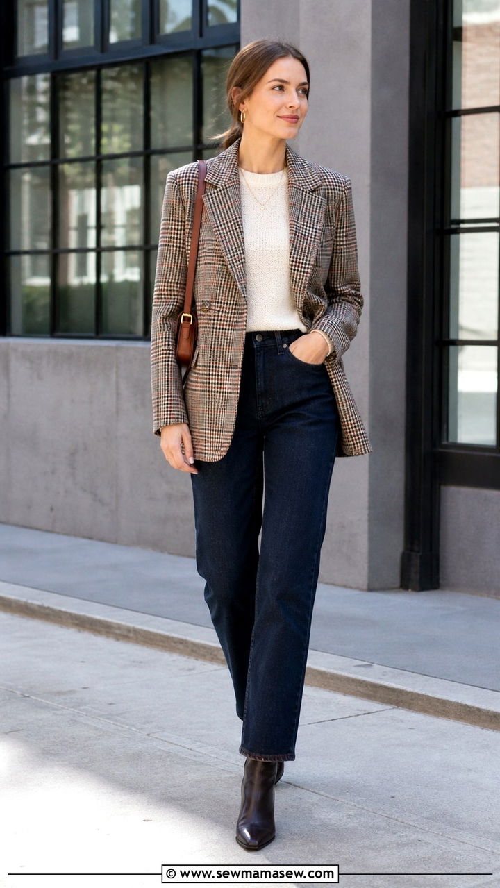 Dark Denim Straight Leg Jeans with Plaid Blazer - 40 Boss lady outfit ideas