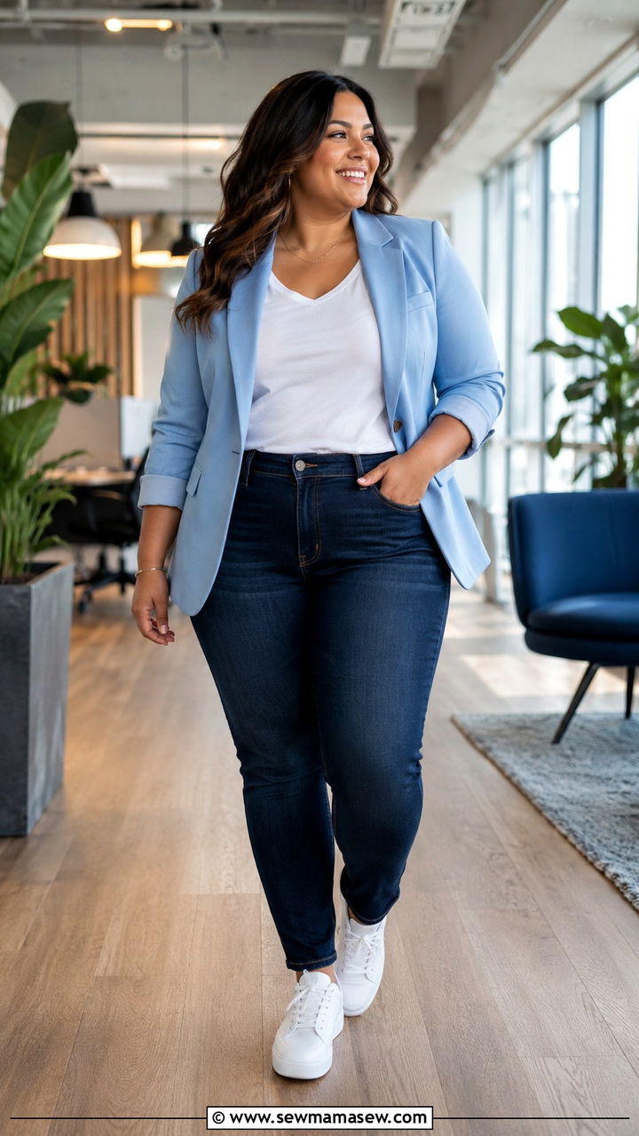 Dark Denim With Light Blue Blazer And White Tee - 30 Plus size office outfits