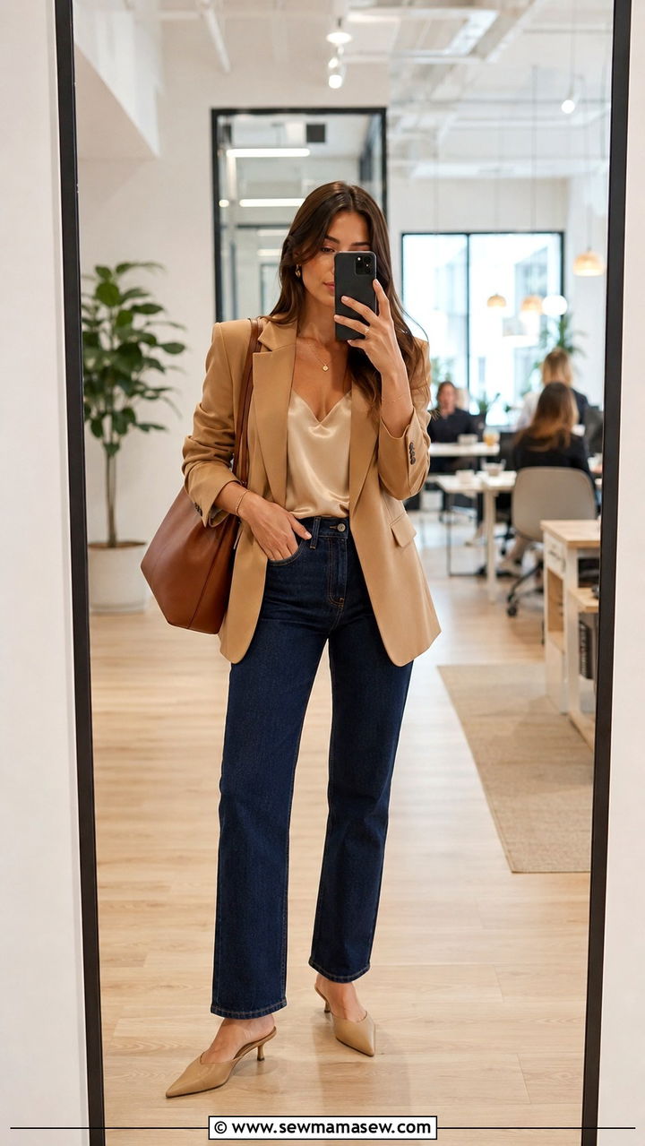 Dark Denim With Structured Blazer And Silk Camisole - 30 Hr manager outfit ideas