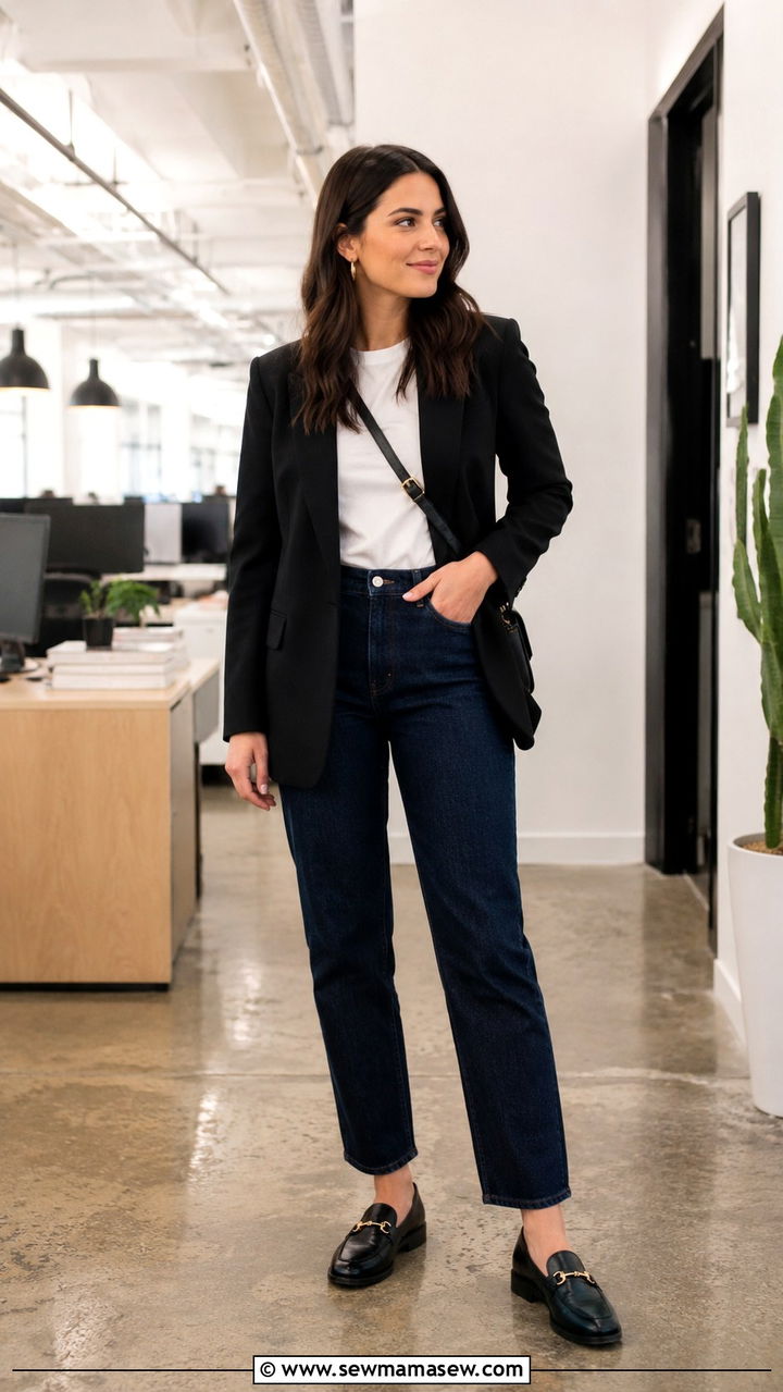 Dark Denim with Structured Blazer and Loafers - 25 Panel discussion outfit ideas