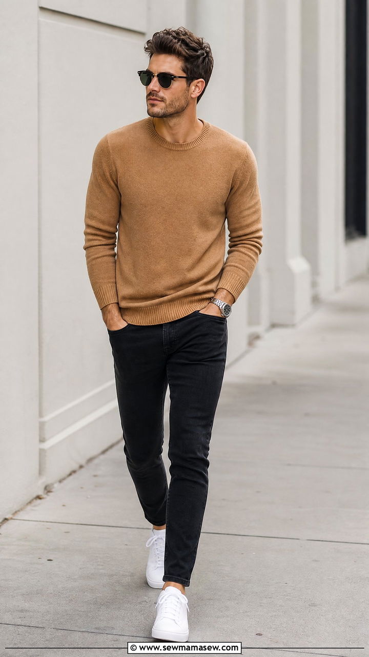 Dark Denim with Sweater and Sneakers - 25 Business casual outfits with sneakers