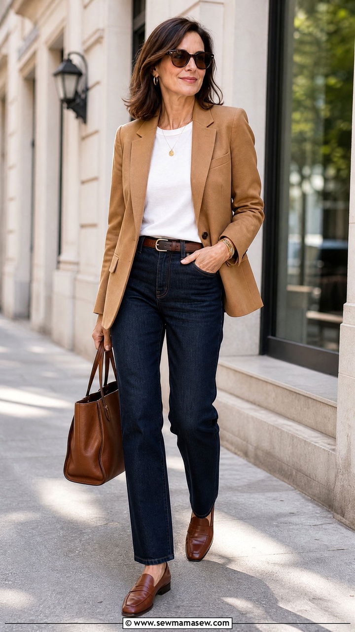 Dark Denim with a Camel Blazer - 35 Minimalist outfit ideas for women over 40