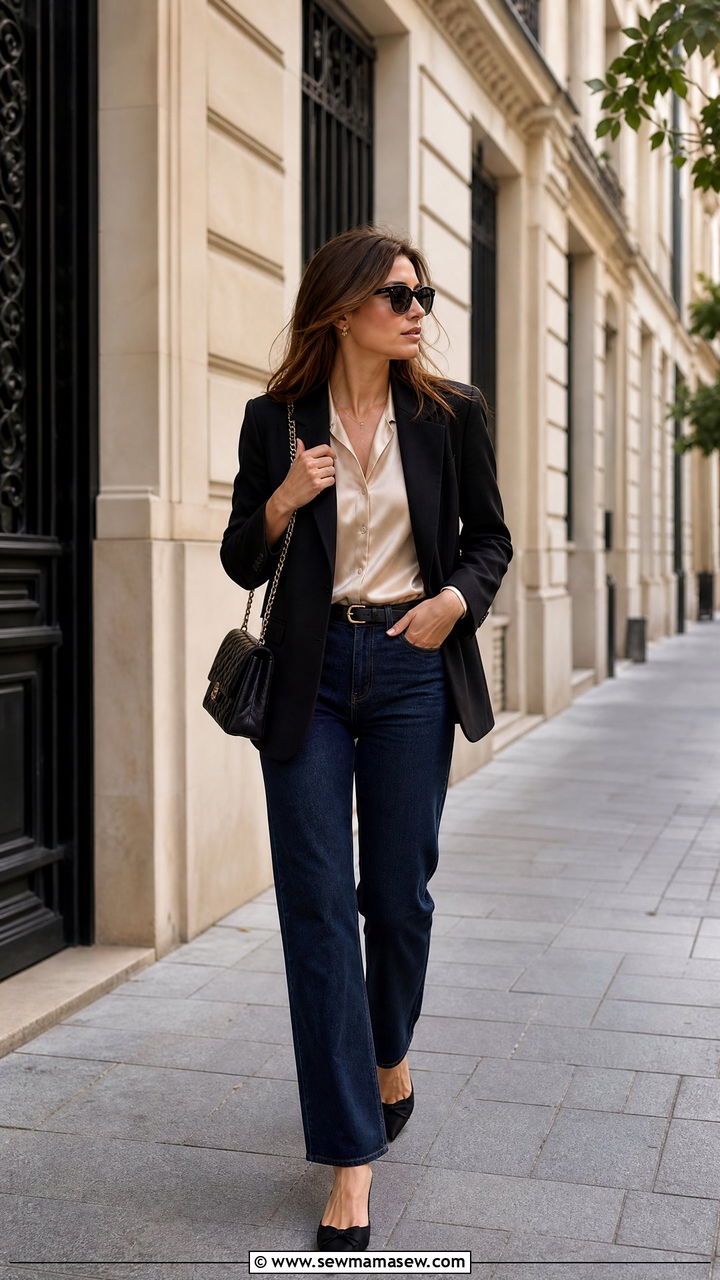 Dark Denim with a Tailored Blazer and Silk Blouse - 25 Old money outfit ideas for travel