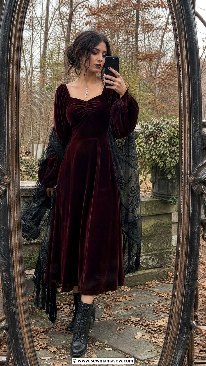 Dark Fairycore Velvet Dress and Lace Up Boots - 30 fairycore outfits for women