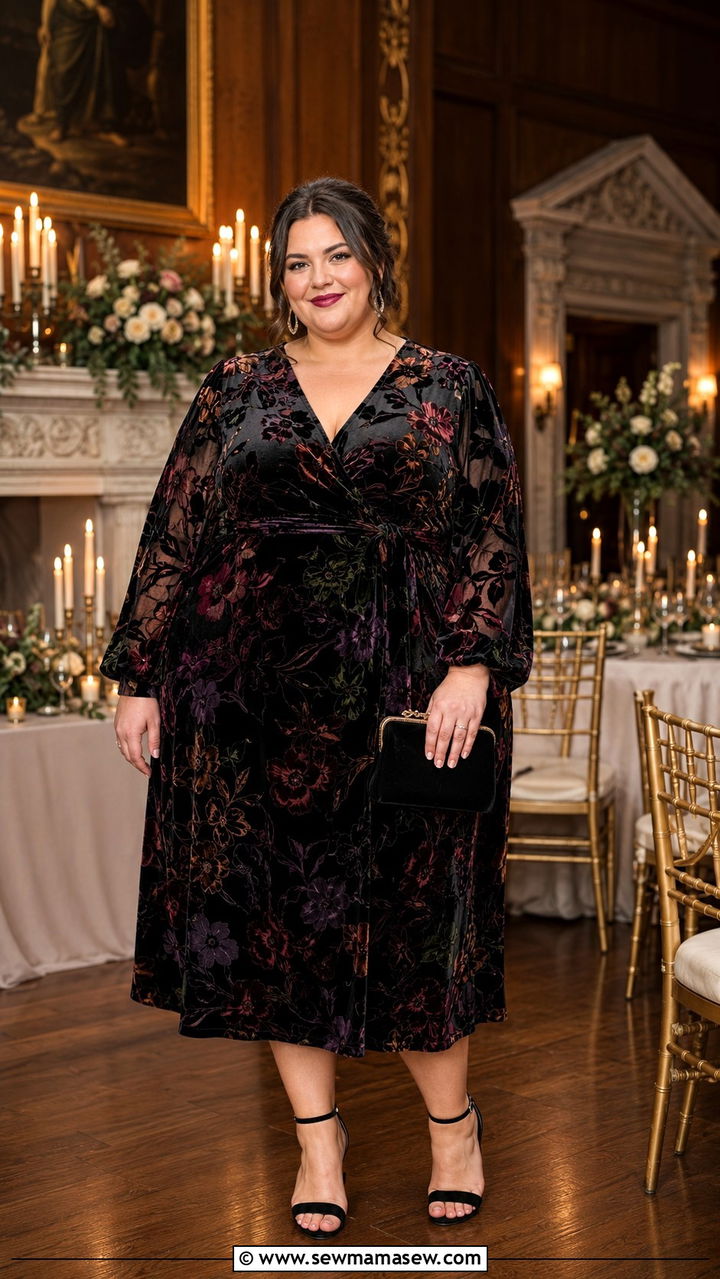 Dark Floral Burnout Velvet Midi Dress With Ankle Strap Heels - 25 Wedding guest outfit ideas size 22