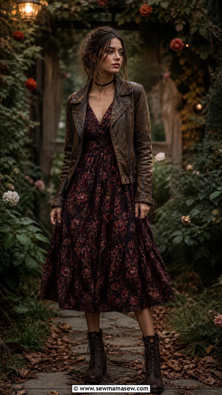 Dark Floral Dress Distressed Leather Jacket Lace Up Boots - 40 Grunge outfit ideas