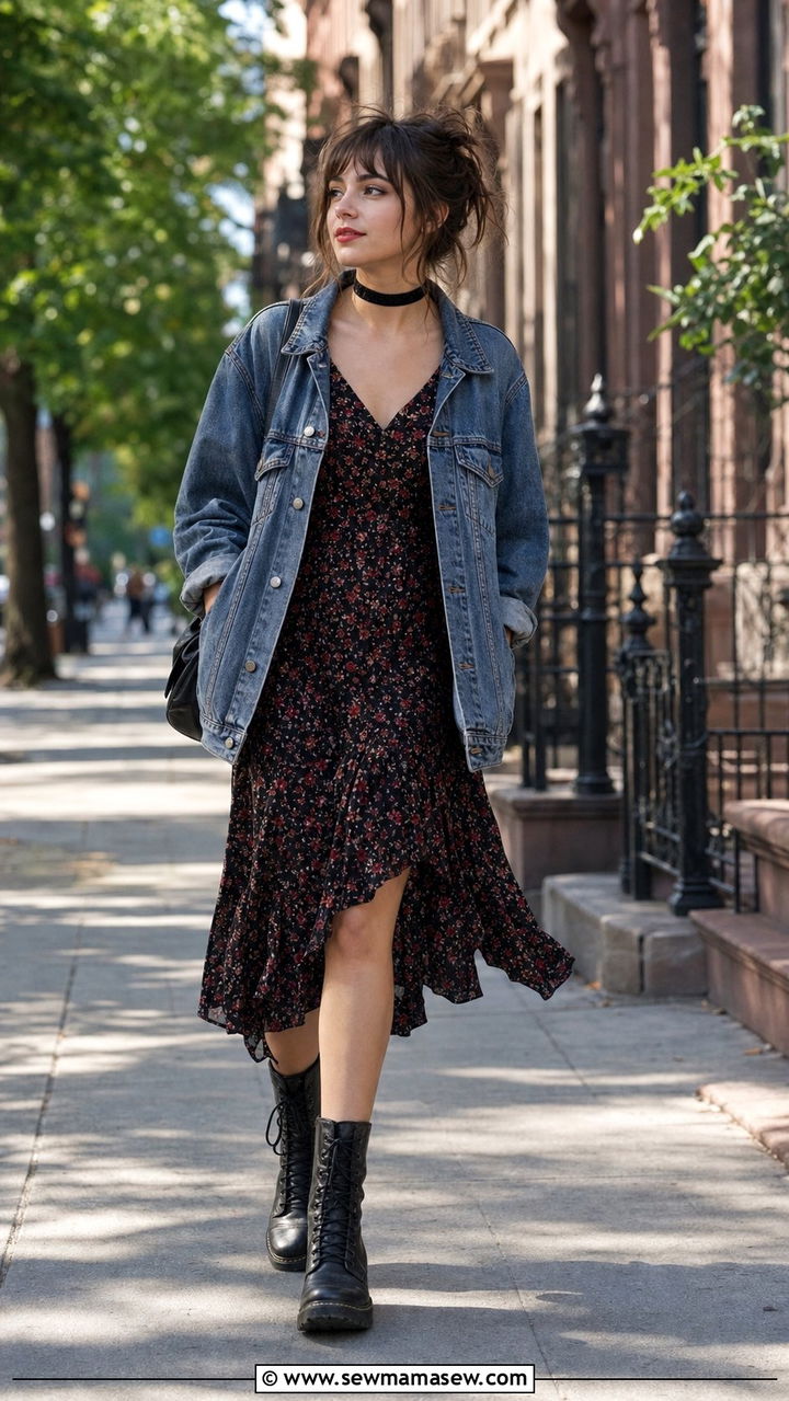 Dark Floral Dress With A Denim Jacket And Lace Up Boots - 25 cute grunge outfits