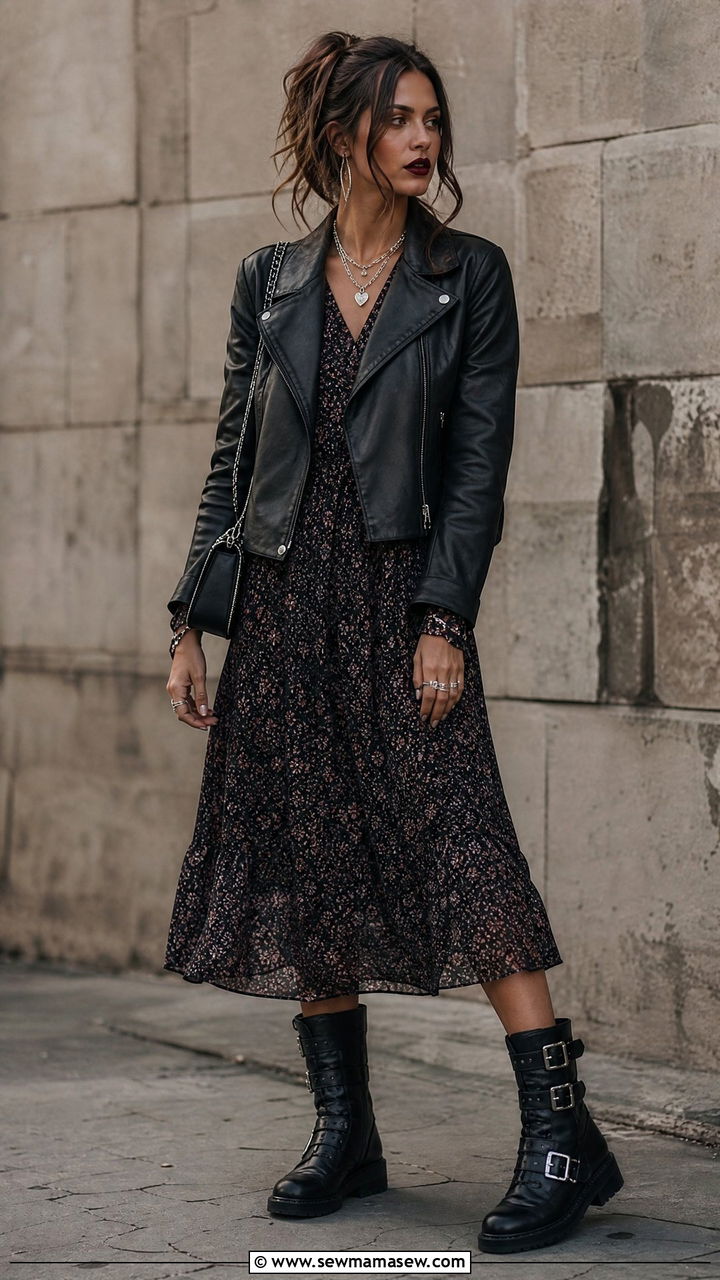 Dark Floral Dress and Buckle Combat Boots - 25 classy grunge outfits