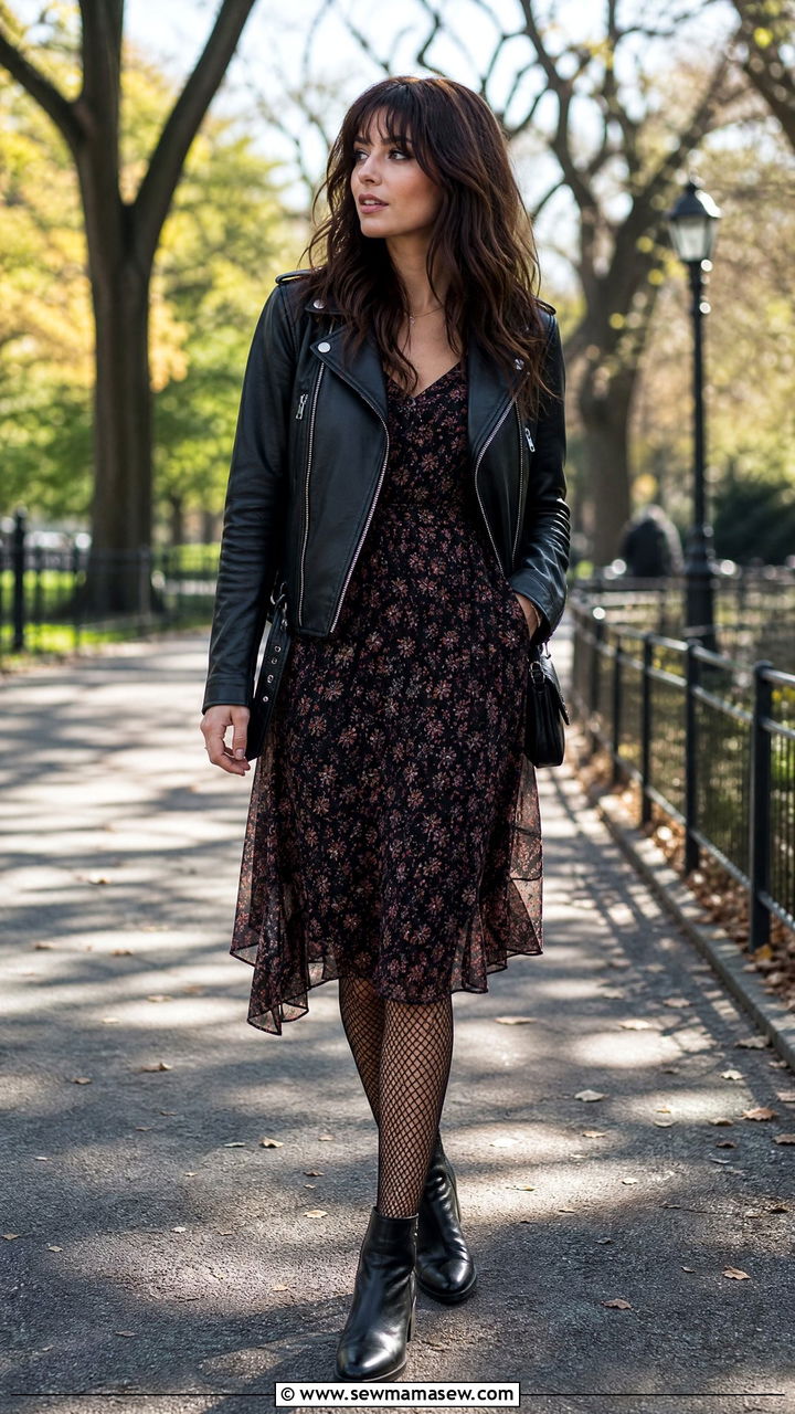 Dark Floral Dress with Leather Jacket and Ankle Boots - 35 grunge outfit ideas for women