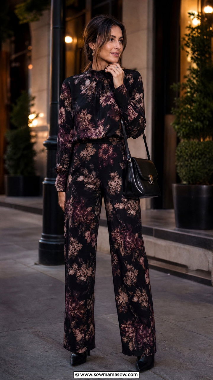 Dark Floral Long Sleeve Top and Pants Set - 25 Matching set outfit ideas floral