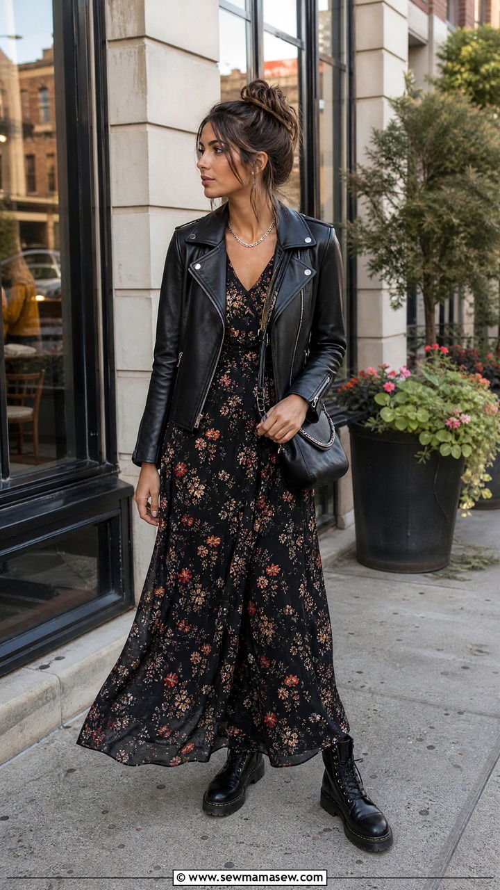 Dark Floral Maxi Dress Brunch Outfit With Moto Jacket - 25 Brunch outfit ideas with a maxi dress