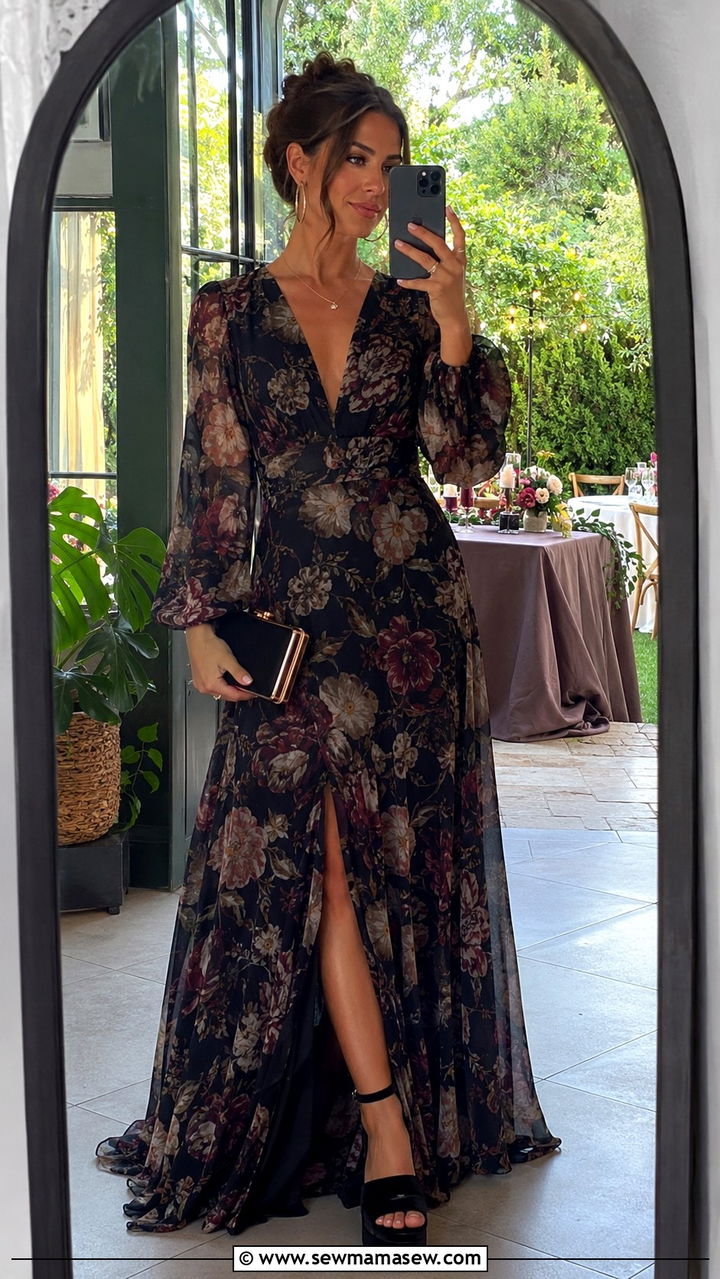 Dark Floral Maxi Dress For Black Tie Optional - 25 Black tie optional wedding guest outfit ideas