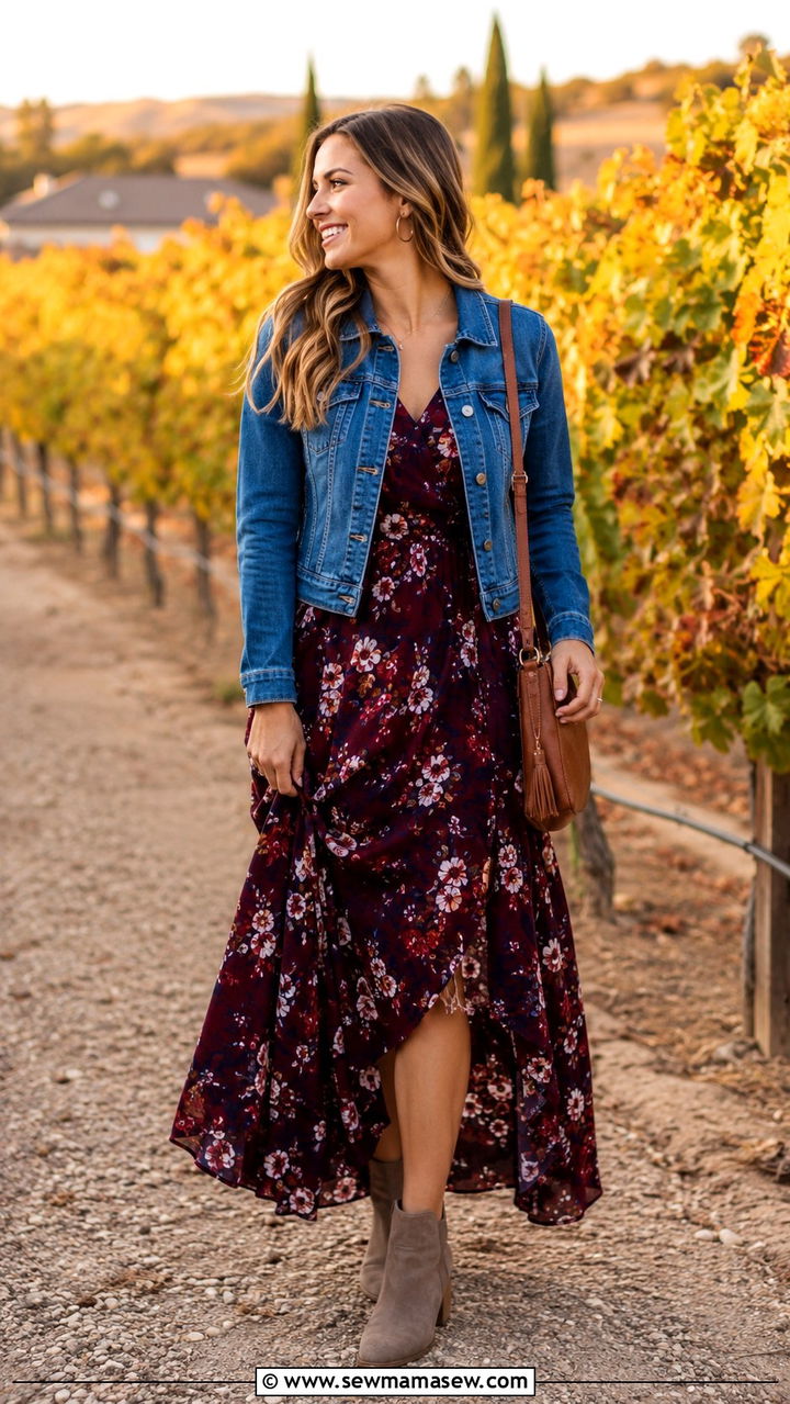 Dark Floral Maxi Dress With A Denim Jacket - 30 Vineyard wedding guest outfit ideas