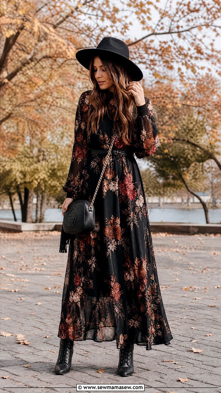 Dark Floral Maxi Dress With Ankle Boots - 30 Dark feminine outfit ideas