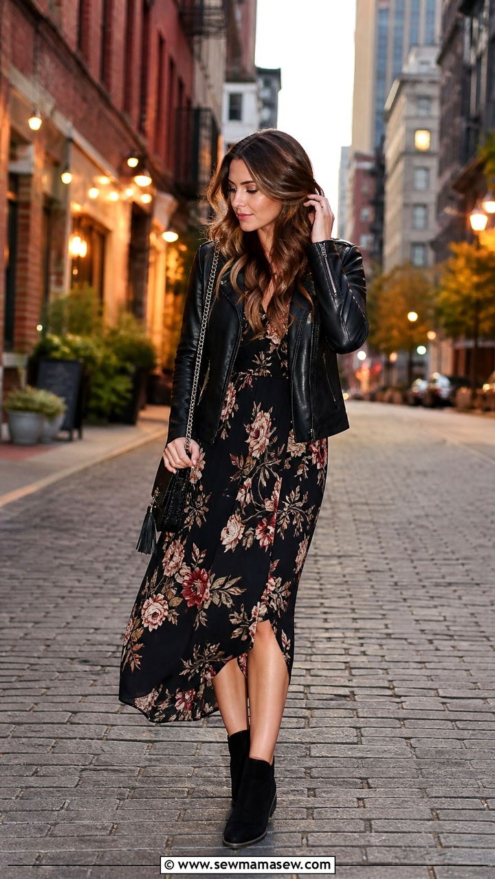 Dark Floral Maxi Dress With Leather Moto Jacket And Booties - 40 maxi dress outfits