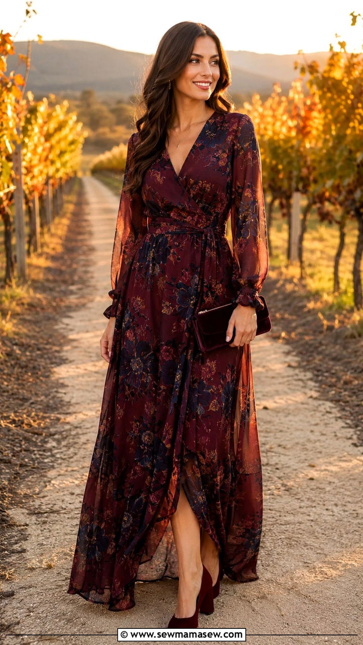 Dark Floral Maxi Dress With Suede Block Heels - 30 seasonal wedding guest outfit ideas