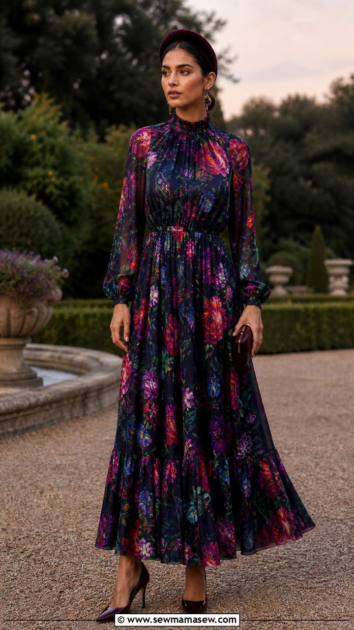 Dark Floral Maxi Dress With Velvet Accessories - 40 spring wedding guest outfit ideas