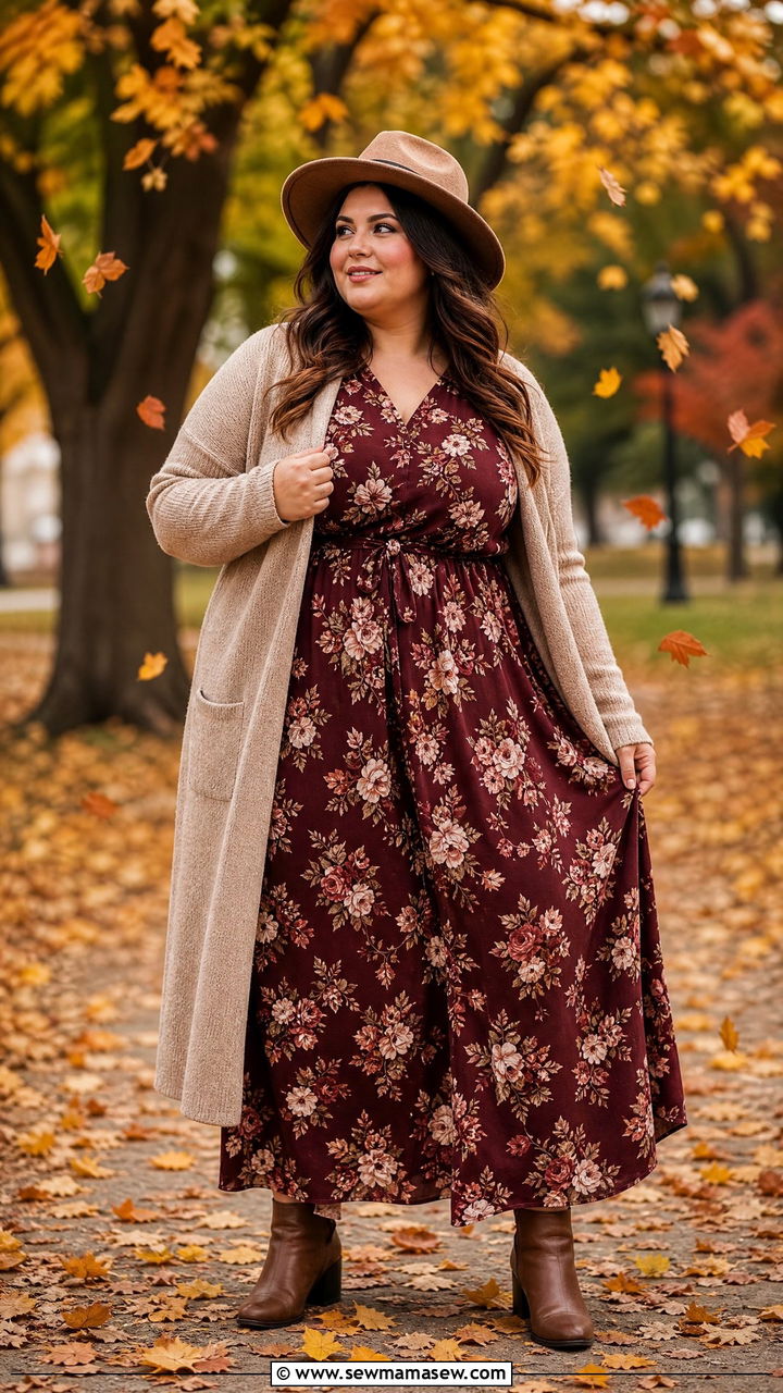 Dark Floral Maxi Dress with Ankle Boots and a Long Cardigan for Fall - 25 Maxi dress for plus size outfit ideas