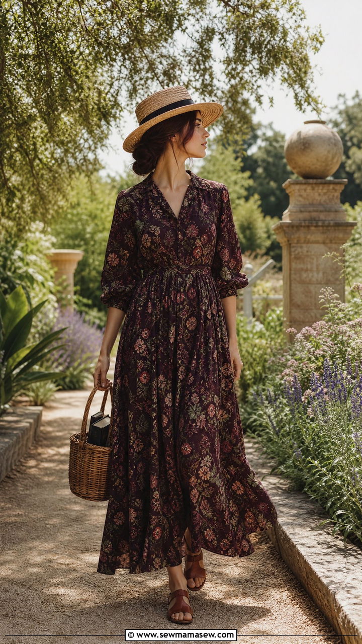 Dark Floral Maxi Dress with Straw Hat and Basket Bag - 30 summer dark academia outfits