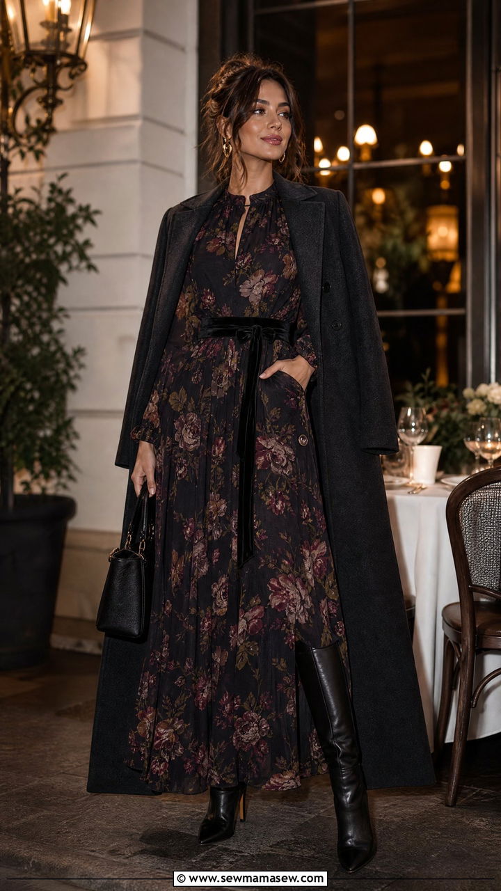 Dark Floral Maxi Dress with Velvet Belt and Knee High Boots - 30 Maxi dress outfit ideas with a belt