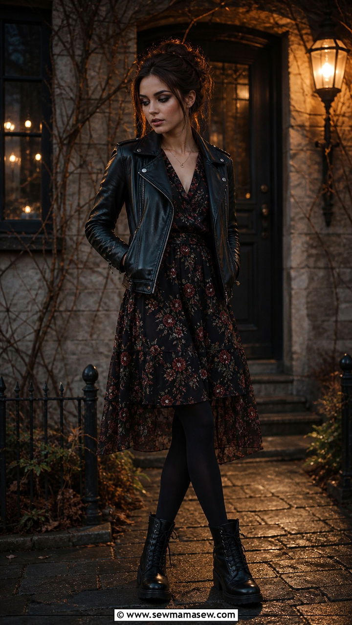 Dark Floral Midi Dress Under Leather Jacket With Black Boots - 40 grunge outfits